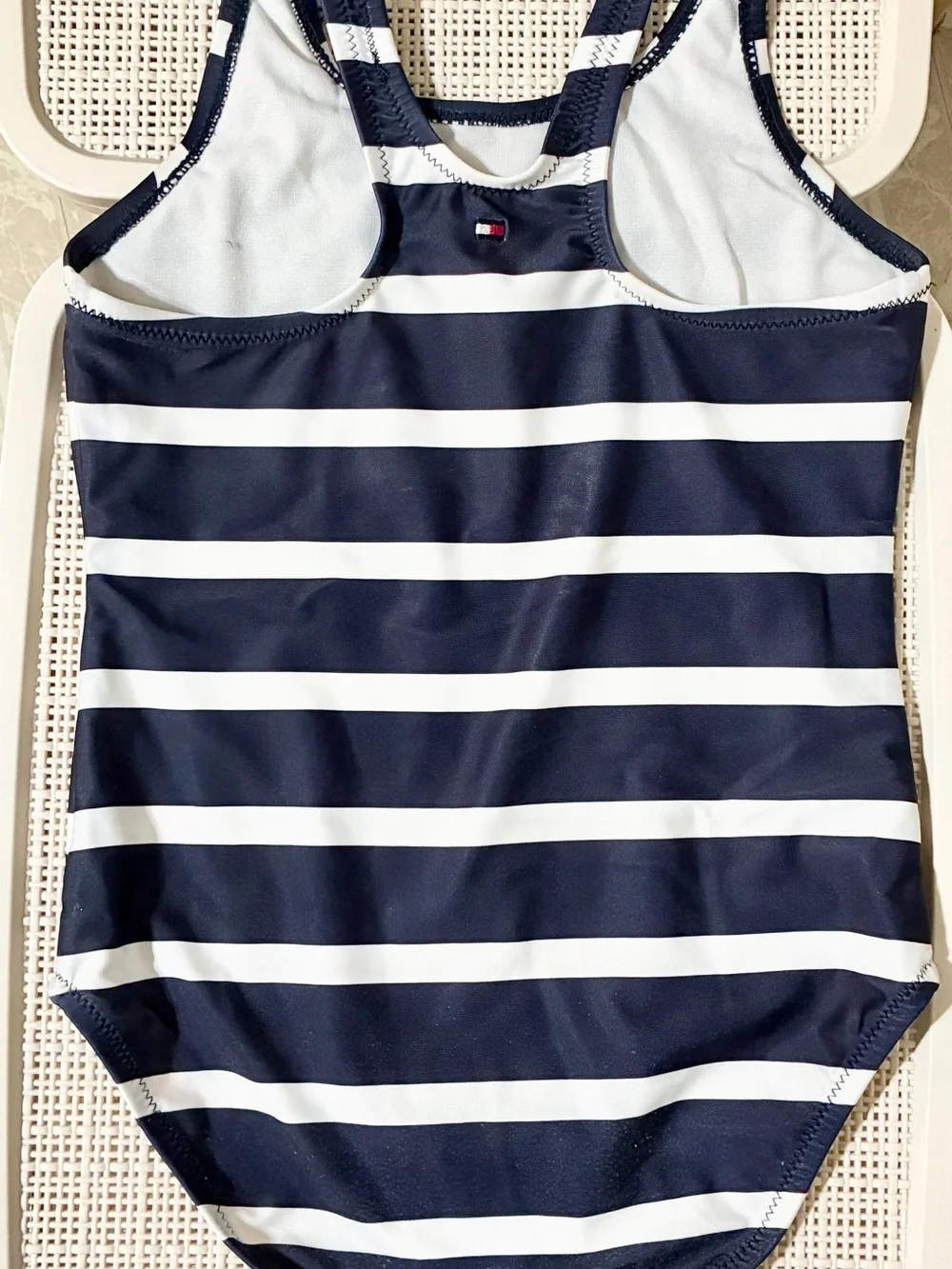 Girls Navy & White Stripe One-Piece Swimsuit with Sequin Star Size 8/10